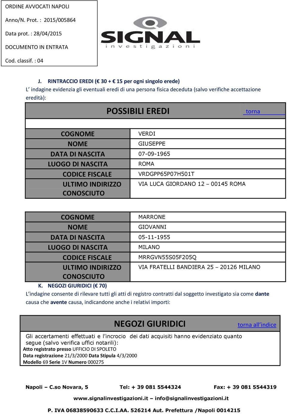 GIOVANNI DATA DI NASCITA 05-11-1955 LUOGO DI NASCITA MILANO CODICE FISCALE ULTIMO INDIRIZZO CONOSCIUTO MRRGVN55S05F205Q VIA FRATELLI BANDIERA 25 20126 MILANO K.