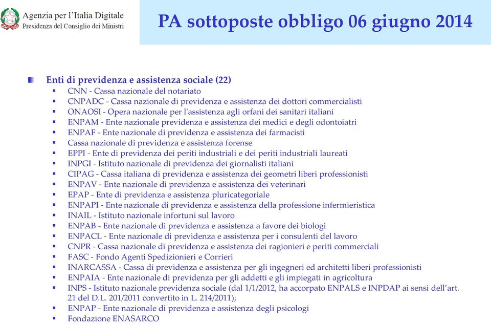 assistenza dei farmacisti Cassa nazionale di previdenza e assistenza forense EPPI - Ente di previdenza dei periti industriali e dei periti industriali laureati INPGI - Istituto nazionale di