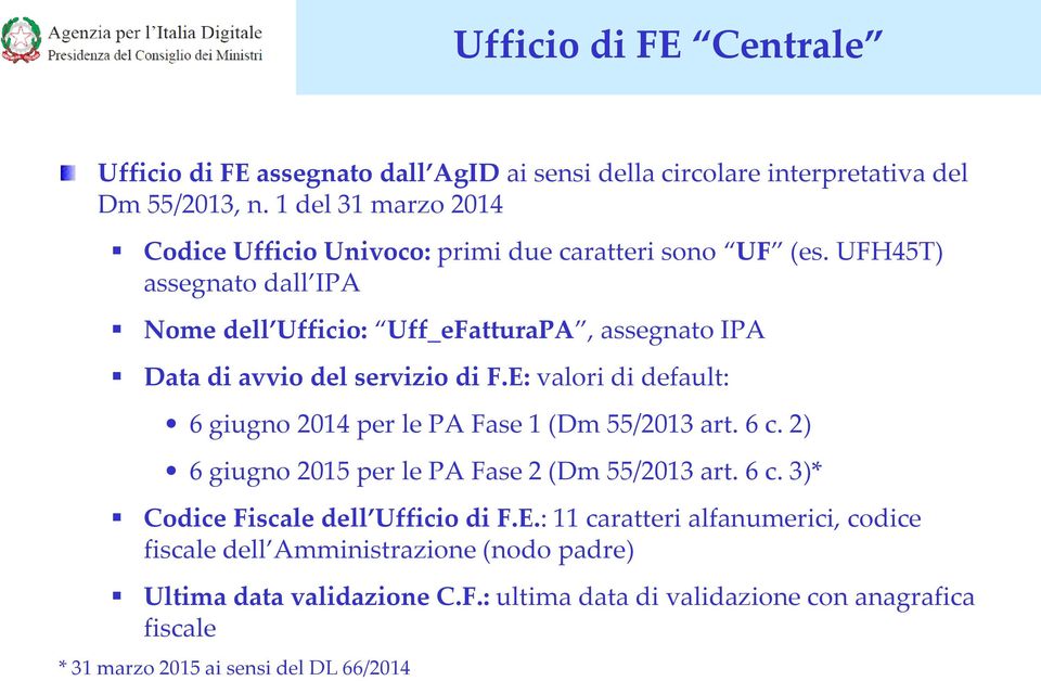 UFH45T) assegnato dall IPA Nome dell Ufficio: Uff_eFatturaPA, assegnato IPA Data di avvio del servizio di F.