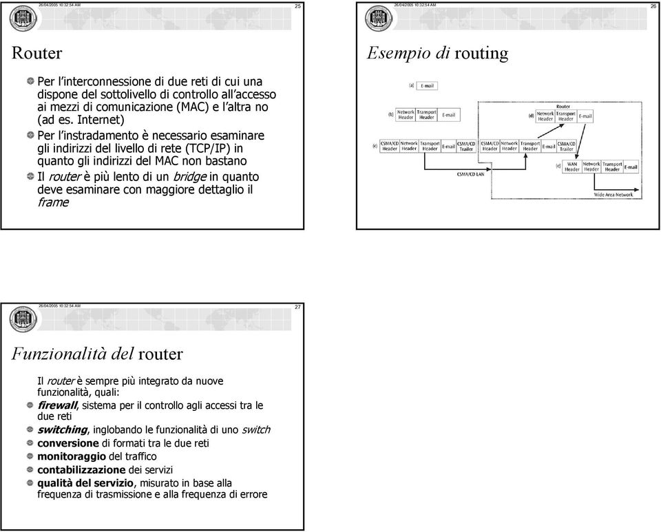 Internet) Per l instradamento è necessario esaminare gli indirizzi del livello di rete (TCP/IP) in quanto gli indirizzi del MAC non bastano Il router è più lento di un bridge in quanto deve esaminare