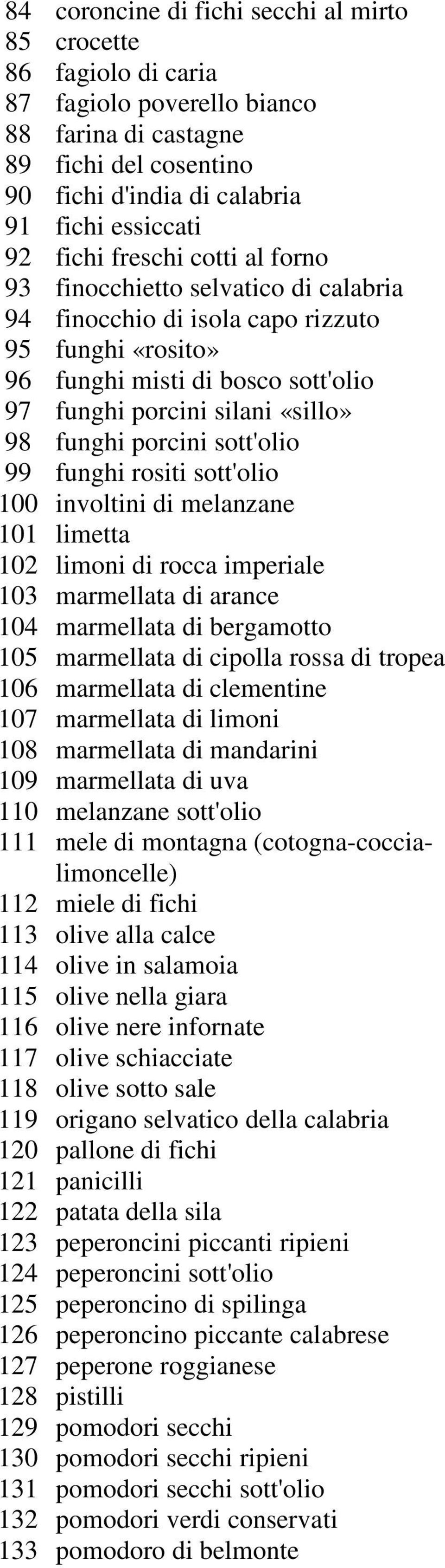 porcini sott'olio 99 funghi rositi sott'olio 100 involtini di melanzane 101 limetta 102 limoni di rocca imperiale 103 marmellata di arance 104 marmellata di bergamotto 105 marmellata di cipolla rossa