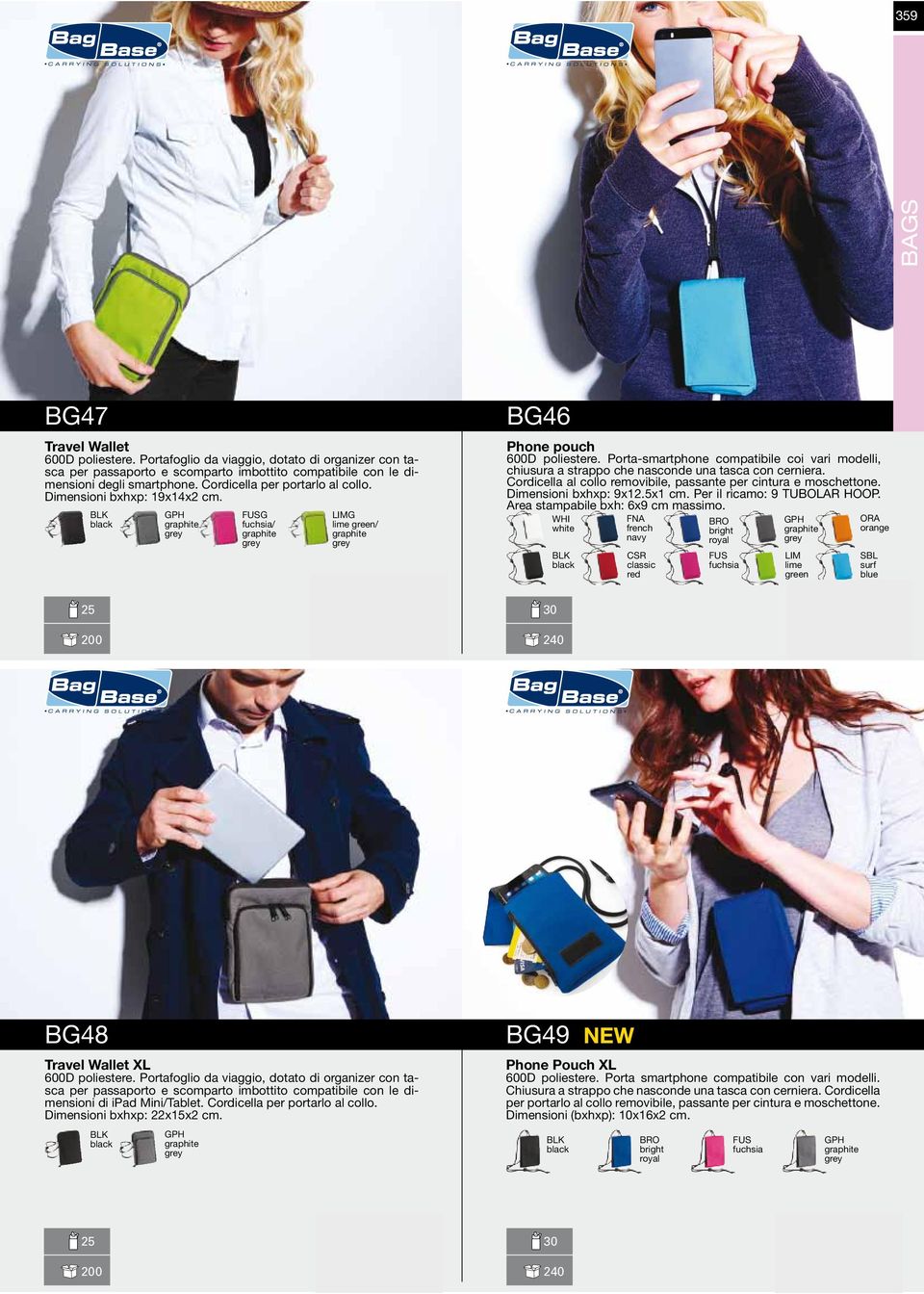 Porta-smartphone compatibile coi vari modelli, chiusura a strappo che nasconde una tasca con cerniera. Cordicella al collo removibile, passante per cintura e moschettone. Dimensioni bxhxp: 9x12.x1 cm.