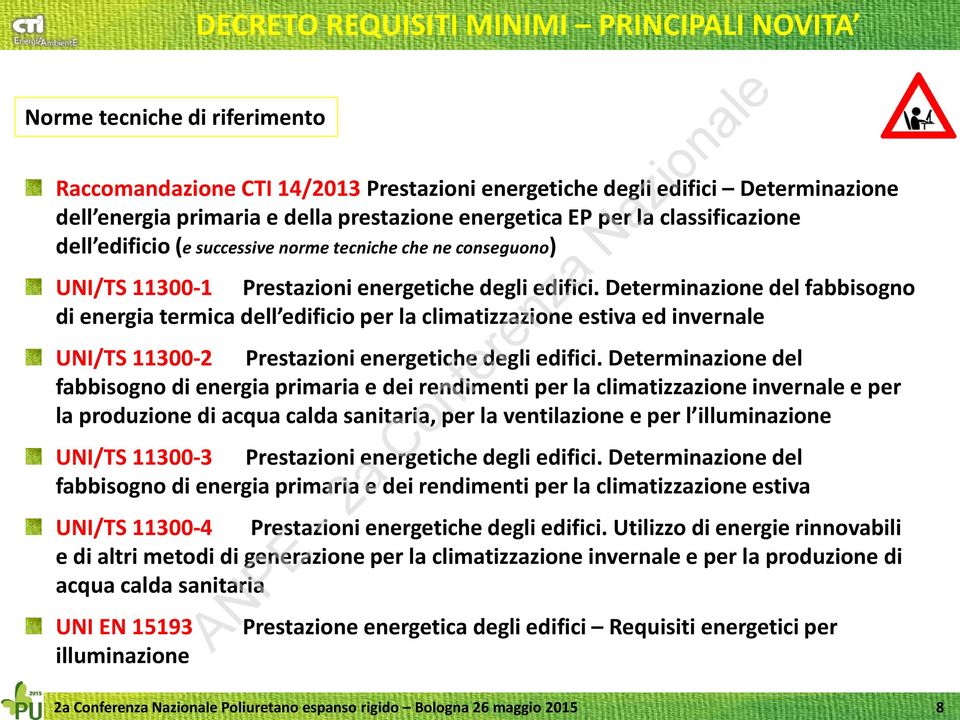 Determinazione del fabbisogno di energia termica dell edificio per la climatizzazione estiva ed invernale UNI/TS 11300-2 Prestazioni energetiche degli edifici.