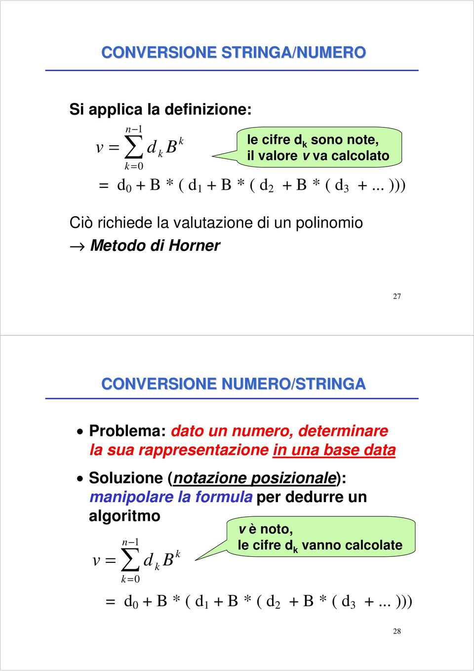 .. ))) Ciò richiede la valutazione di un polinomio Metodo di Horner 27 CONVERSIONE NUMERO/STRINGA Problema: dato un numero, determinare