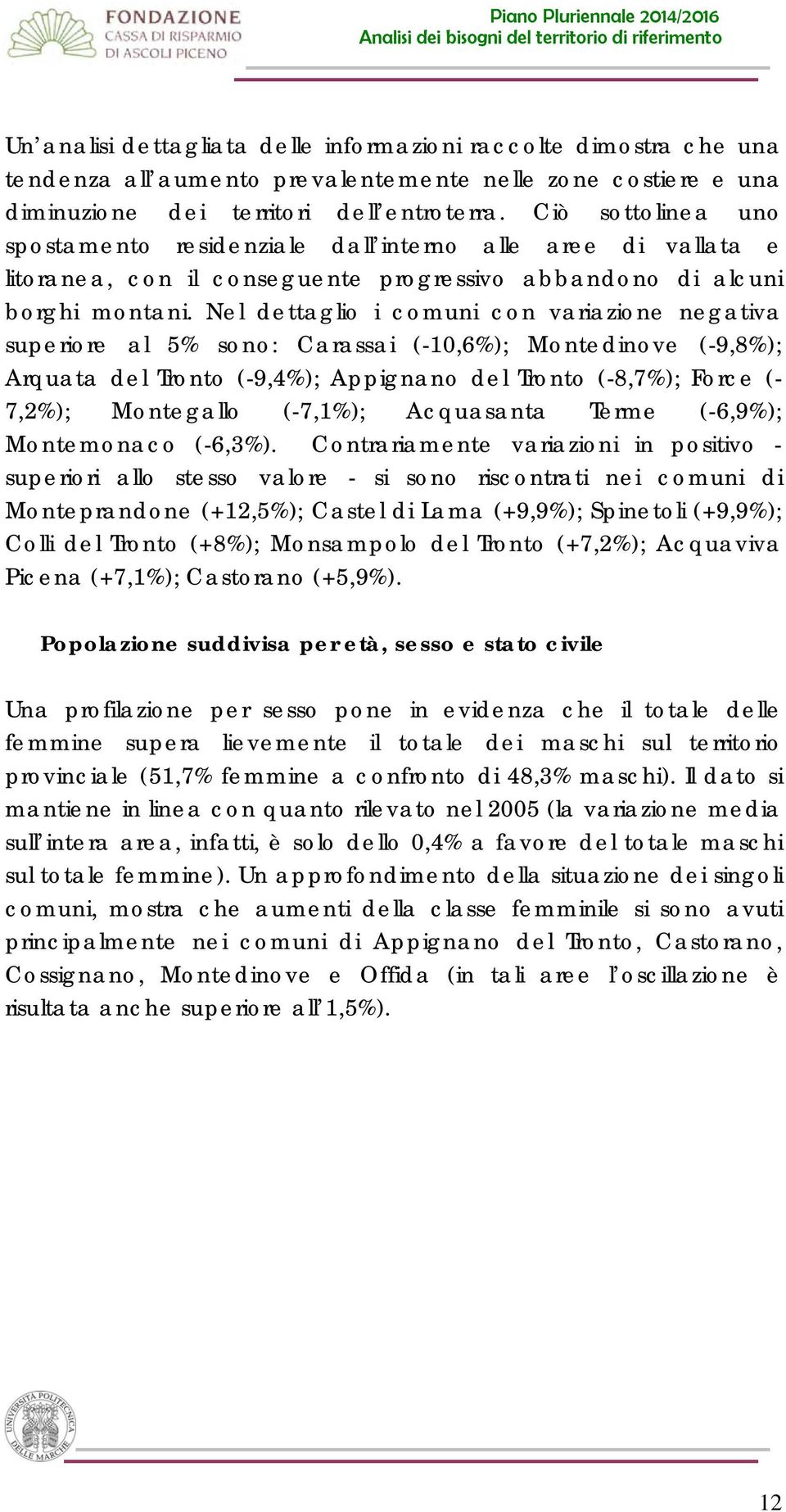Nel dettaglio i comuni con variazione negativa superiore al 5% sono: Carassai (-10,6%); Montedinove (-9,8%); Arquata del Tronto (-9,4%); Appignano del Tronto (-8,7%); Force (- 7,2%); Montegallo