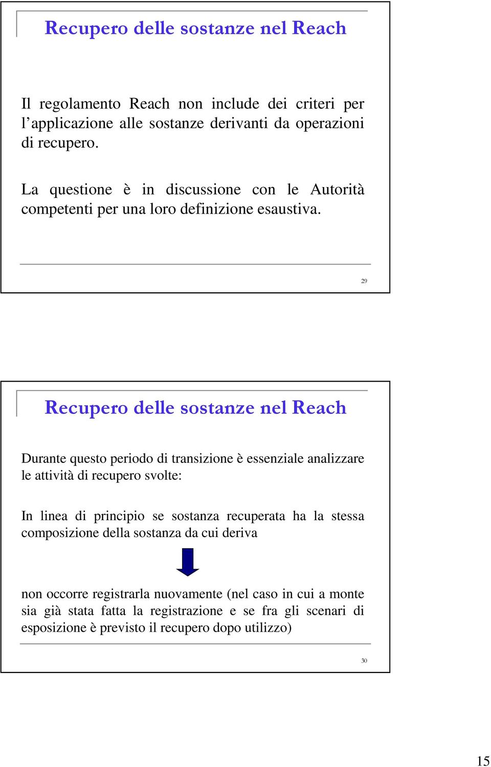 29 Recupero delle sostanze nel Reach Durante questo periodo di transizione è essenziale analizzare le attività di recupero svolte: In linea di principio se