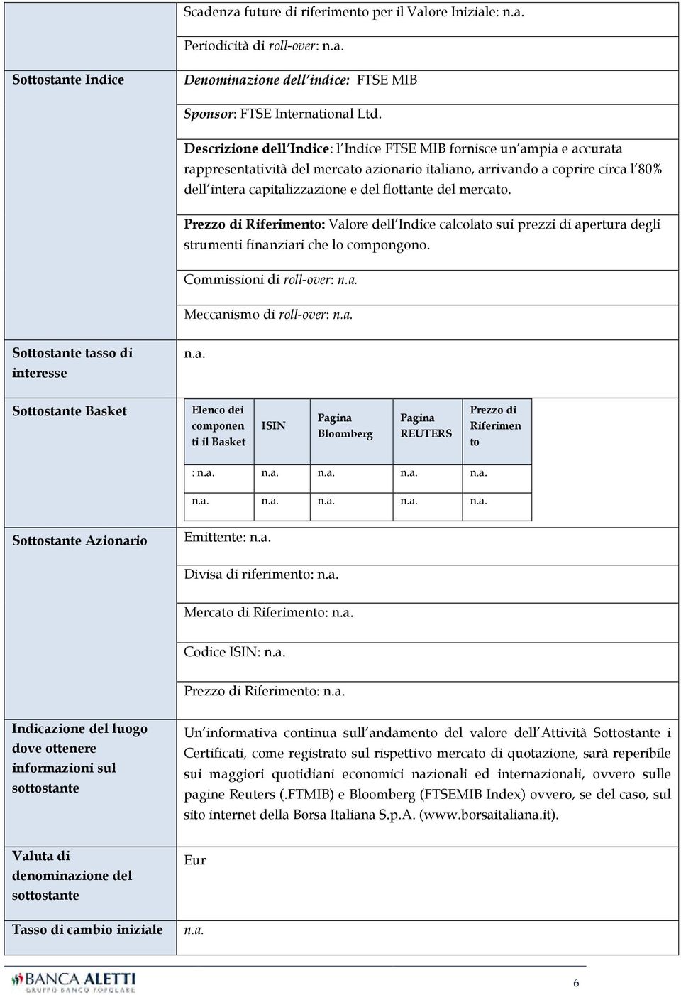 del mercato. Prezzo di Riferimento: Valore dell Indice calcolato sui prezzi di apertura degli strumenti finanziari che lo compongono. Commissioni di roll-over: n.a. Meccanismo di roll-over: n.a. Sottostante tasso di n.