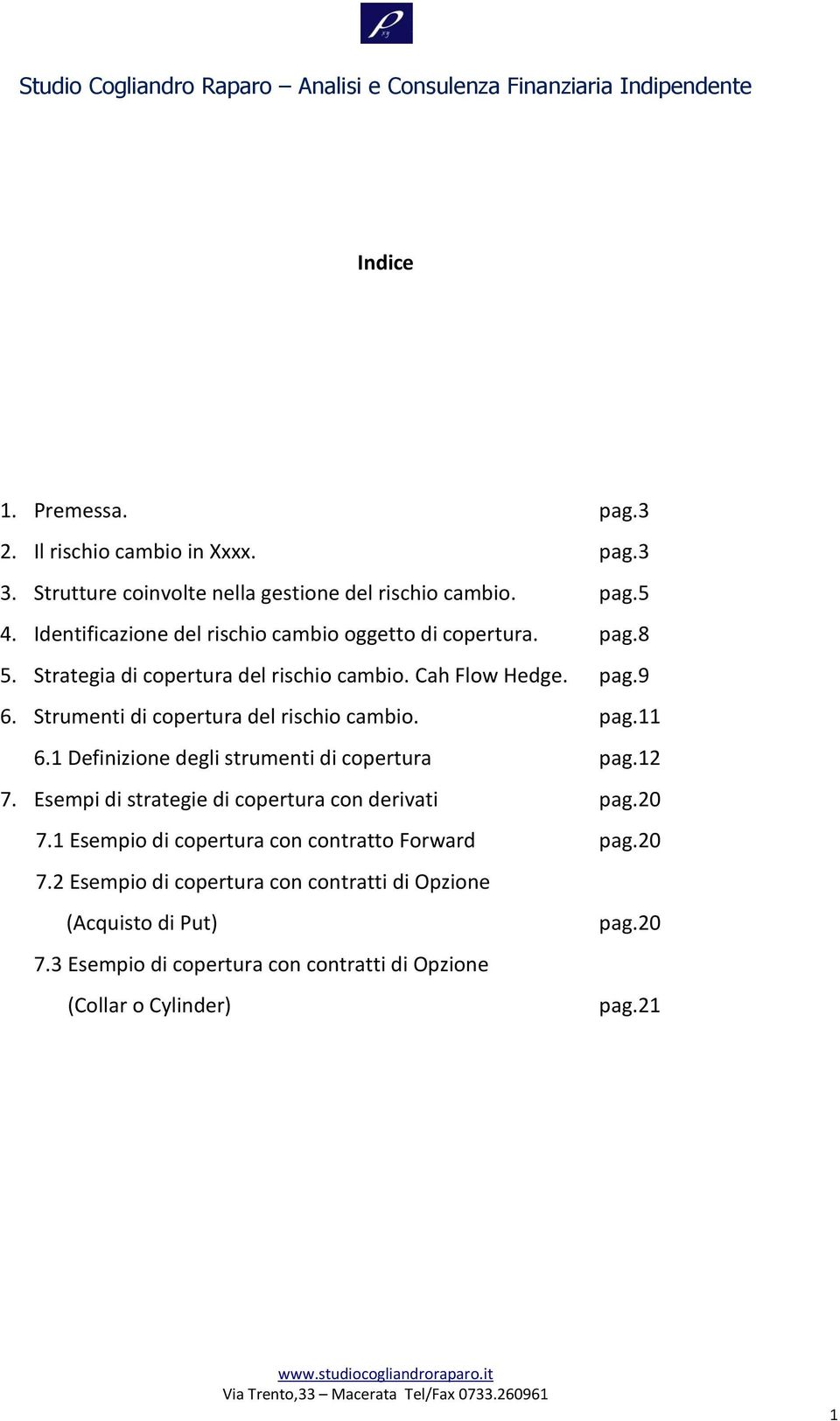 Strumenti di copertura del rischio cambio. pag.11 6.1 Definizione degli strumenti di copertura pag.12 7. Esempi di strategie di copertura con derivati pag.