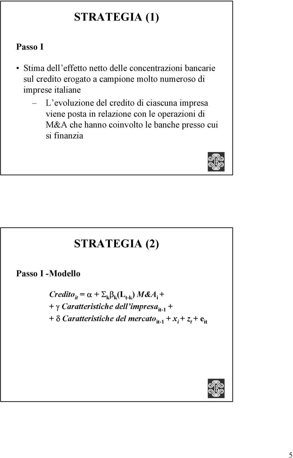 di M&A che hanno coinvolto le banche presso cui si finanzia 9 STRATEGIA (2) Passo I -Modello Credito it = α + Σ k β