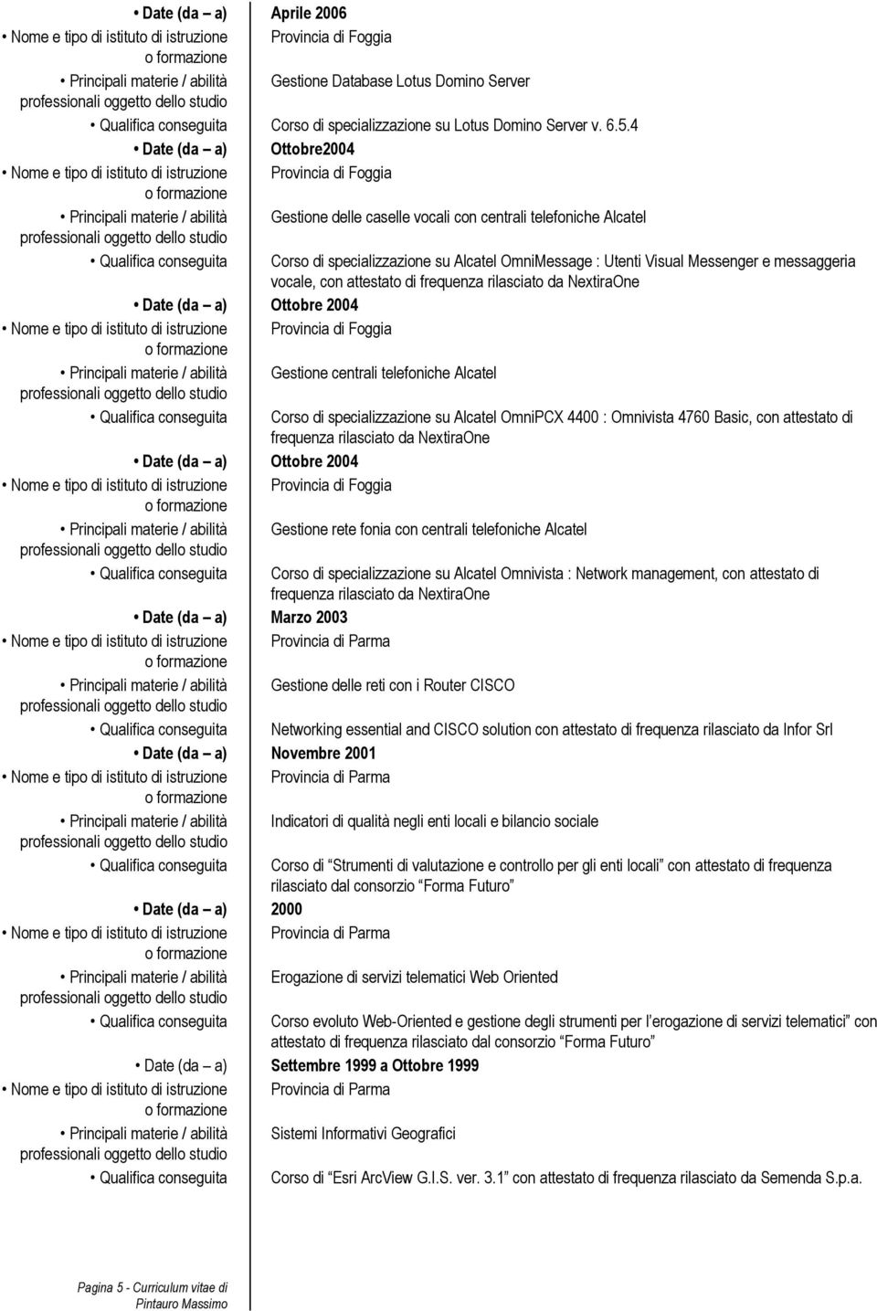 Visual Messenger e messaggeria vocale, con attestato di frequenza rilasciato da NextiraOne Date (da a) Ottobre 2004 Principali materie / abilità Gestione centrali telefoniche Alcatel Qualifica