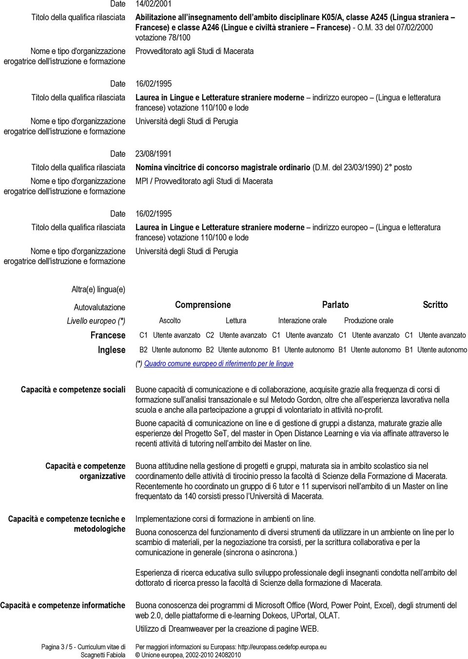 110/100 e lode Università degli Studi di Perugia Date 23/08/1991 Nomina vincitrice di concorso magistrale ordinario (D.M.