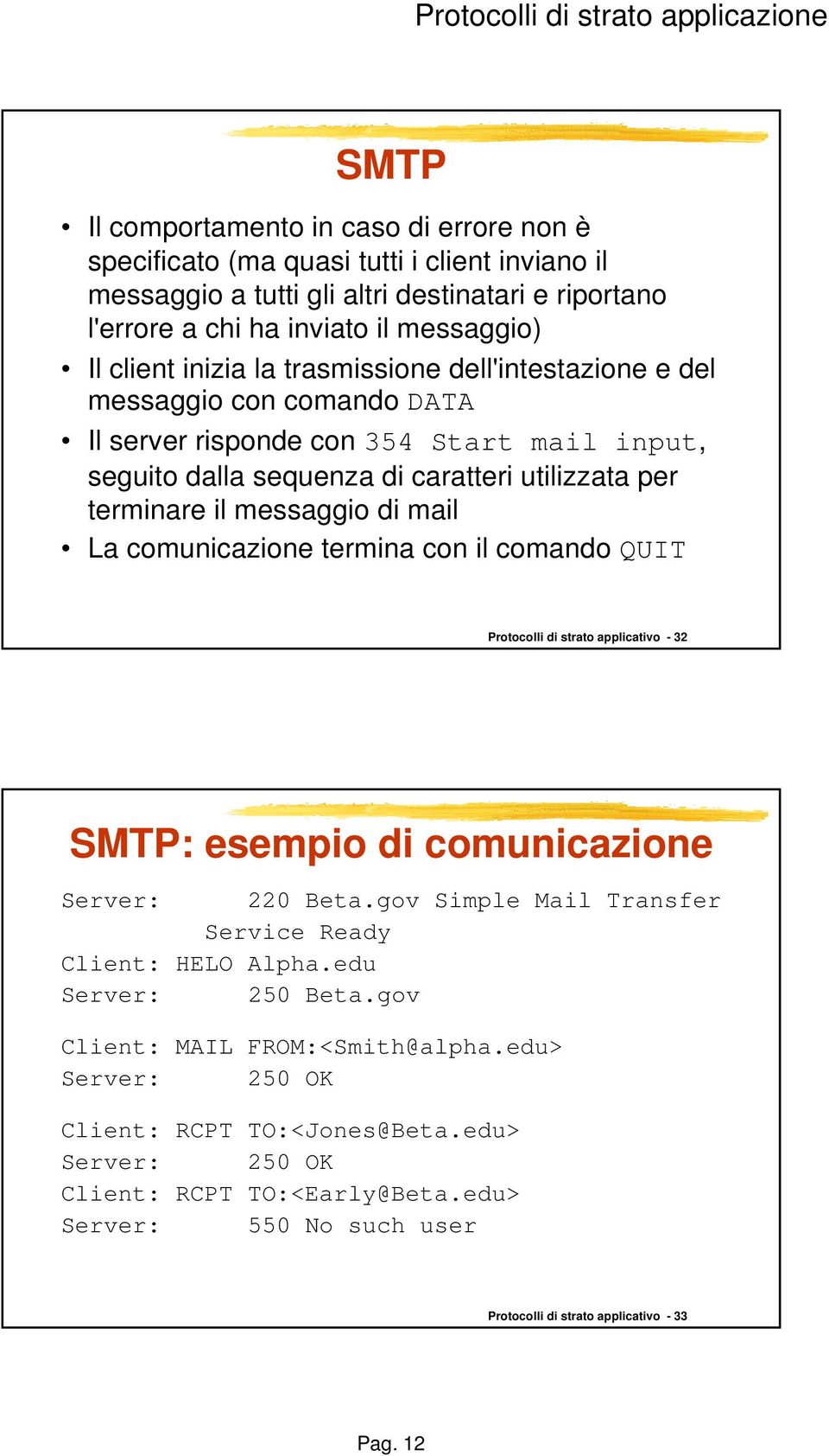 mail La comunicazione termina con il comando QUIT Protocolli di strato applicativo - 32 SMTP: esempio di comunicazione Server: 220 Beta.gov Simple Mail Transfer Service Ready Client: HELO Alpha.