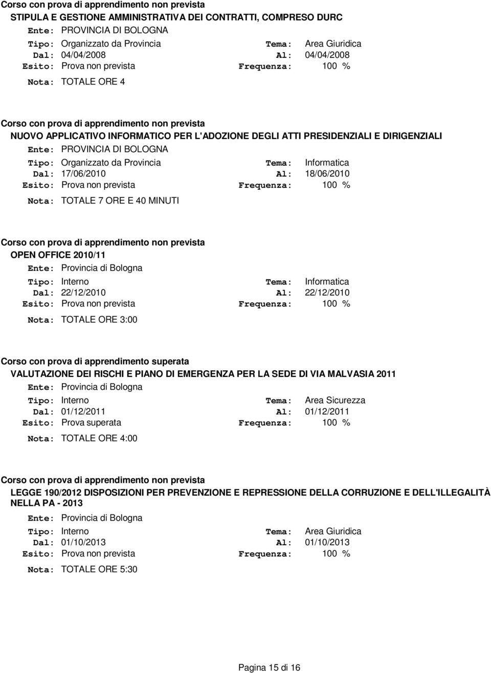 apprendimento superata VALUTAZIONE DEI RISCHI E PIANO DI EMERGENZA PER LA SEDE DI VIA MALVASIA 2011 Ente: Provincia di Bologna Tipo: Interno Tema: Area Sicurezza Dal: 01/12/2011 Al: 01/12/2011 Esito: