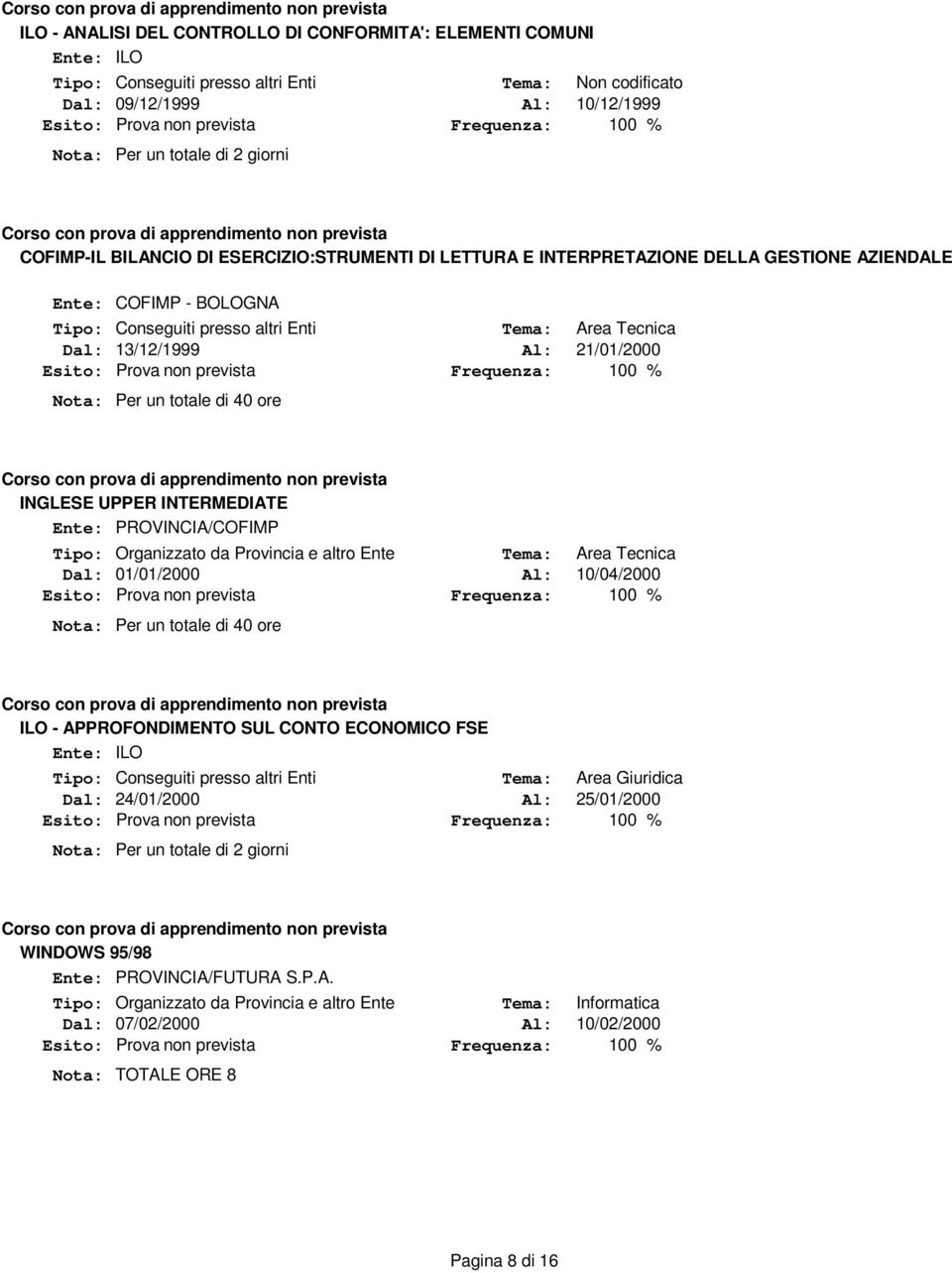 UPPER INTERMEDIATE Ente: PROVINCIA/COFIMP e altro Ente Dal: 01/01/2000 Al: 10/04/2000 Nota: Per un totale di 40 ore ILO - APPROFONDIMENTO SUL CONTO ECONOMICO FSE Ente: