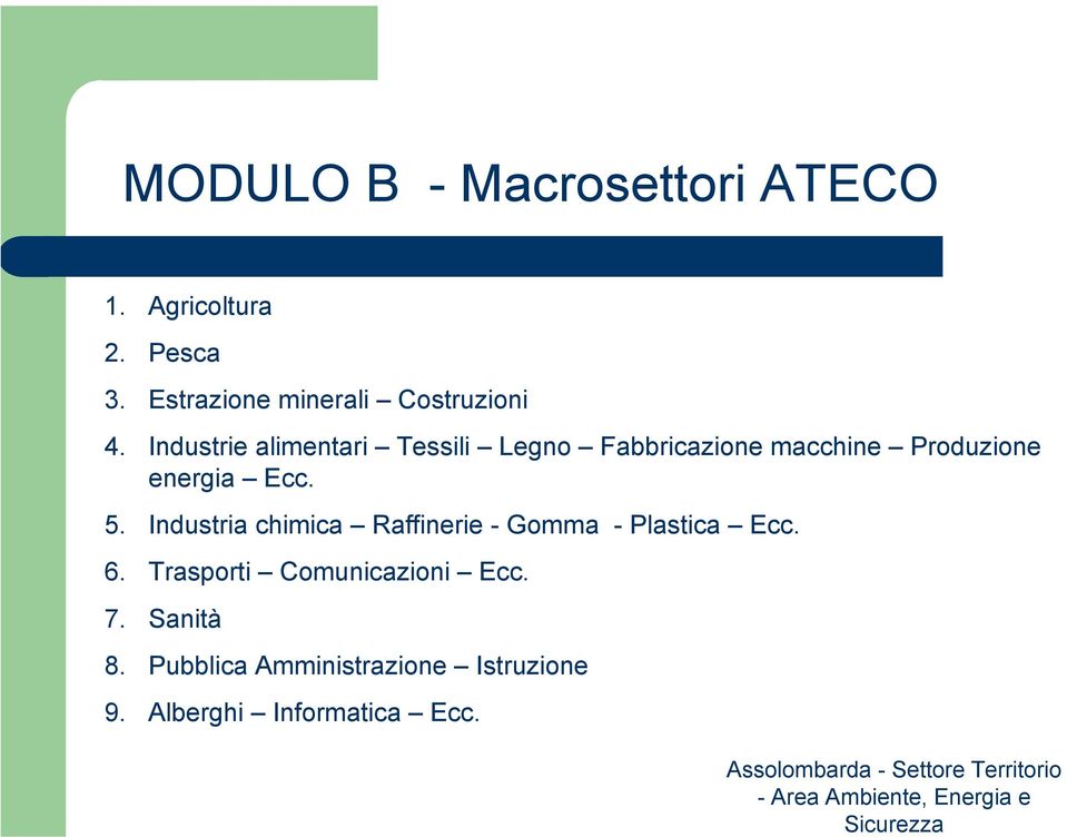 Industrie alimentari Tessili Legno Fabbricazione macchine Produzione energia Ecc. 5.