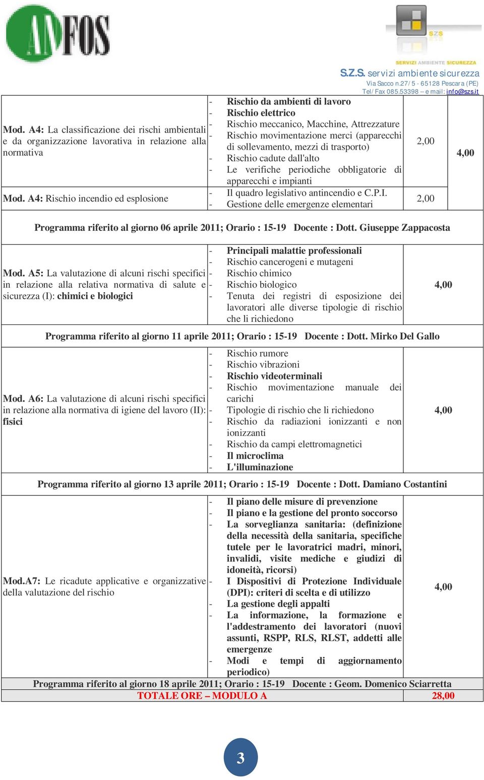 trasporto) - Rischio cadute dall'alto - Le verifiche periodiche obbligatorie di apparecchi e impianti - Il quadro legislativo antincendio e C.P.I. - Gestione delle emergenze elementari S.