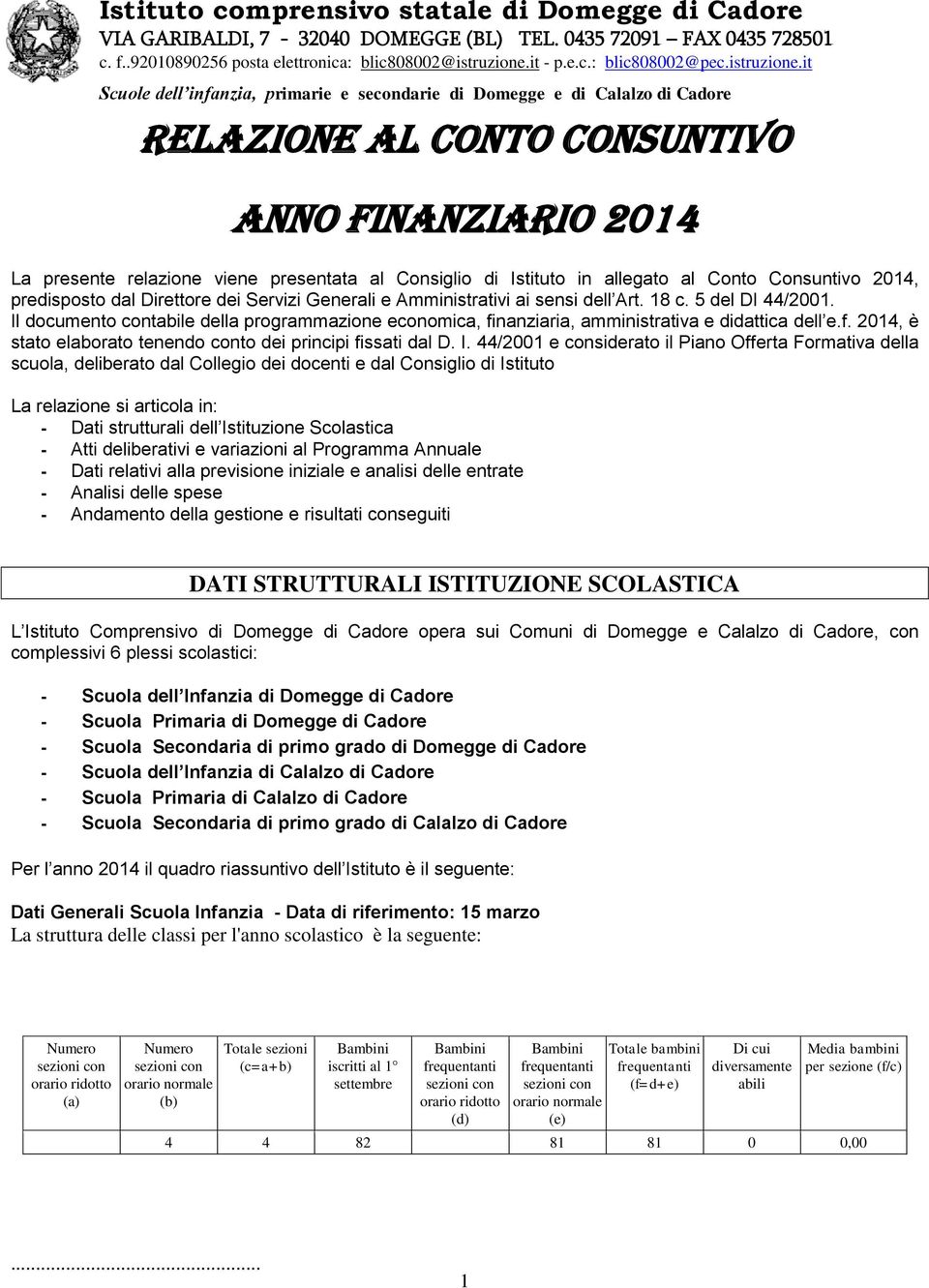 it Scuole dell infanzia, primarie e secondarie di Domegge e di Calalzo di Cadore RELAZIONE AL CONTO CONSUNTIVO ANNO FINANZIARIO 2014 La presente relazione viene presentata al Consiglio di Istituto in