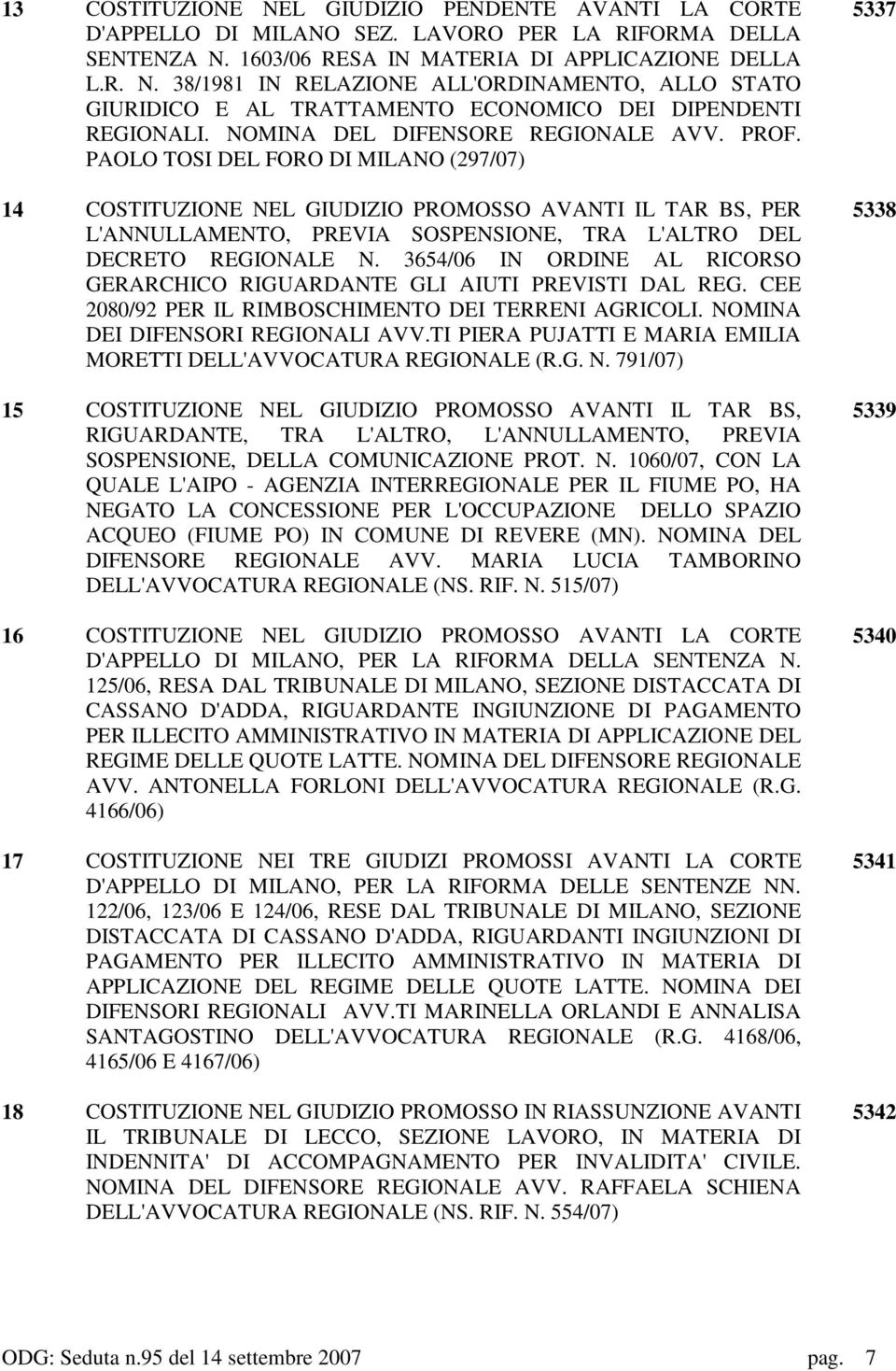 PAOLO TOSI DEL FORO DI MILANO (297/07) 14 COSTITUZIONE NEL GIUDIZIO PROMOSSO AVANTI IL TAR BS, PER L'ANNULLAMENTO, PREVIA SOSPENSIONE, TRA L'ALTRO DEL DECRETO REGIONALE N.