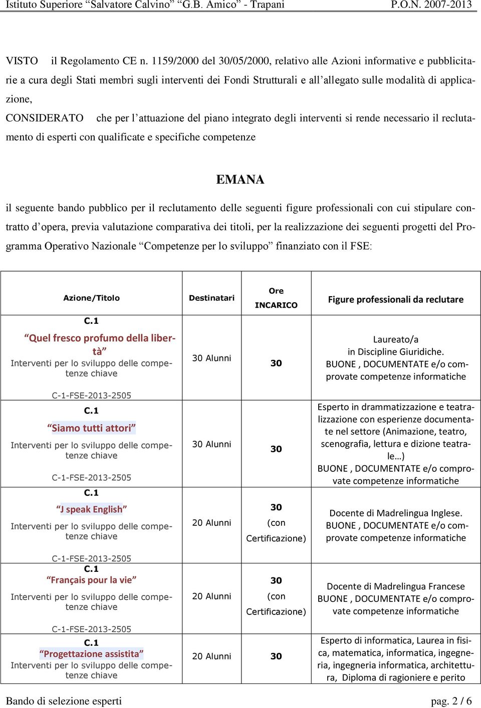 che per l attuazione del piano integrato degli interventi si rende necessario il reclutamento di esperti con qualificate e specifiche competenze EMANA il seguente bando pubblico per il reclutamento