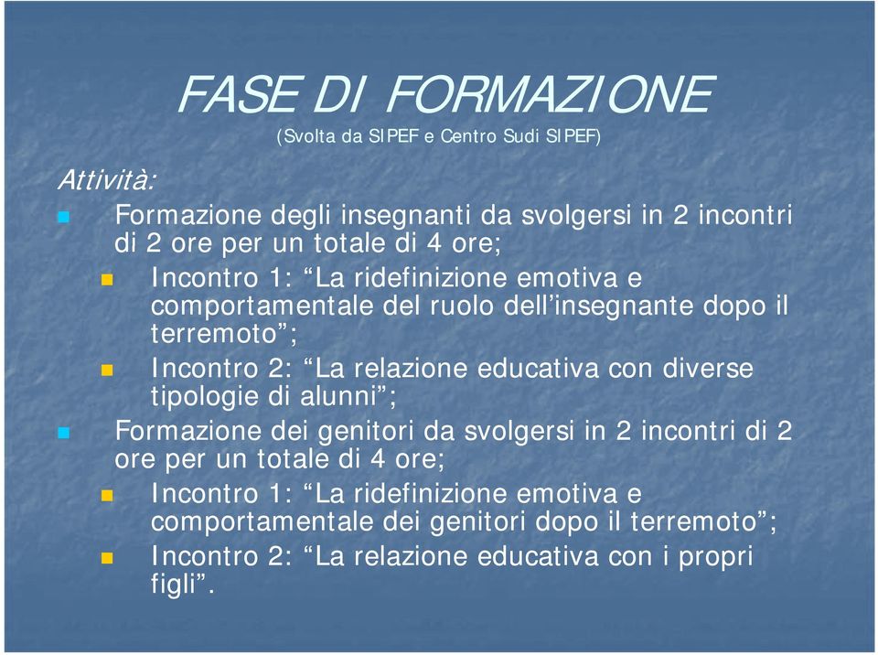 relazione educativa con diverse tipologie di alunni ; Formazione dei genitori da svolgersi in 2 incontri di 2 ore per un totale di 4 ore;