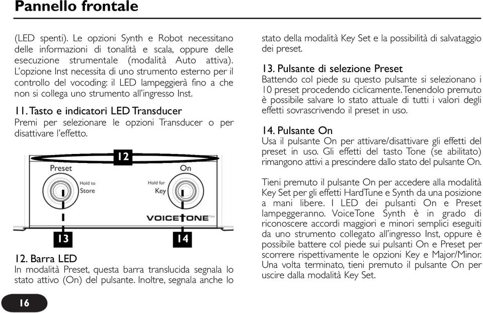Tasto e indicatori LED Transducer Premi per selezionare le opzioni Transducer o per disattivare l effetto. 12 13 14 12.