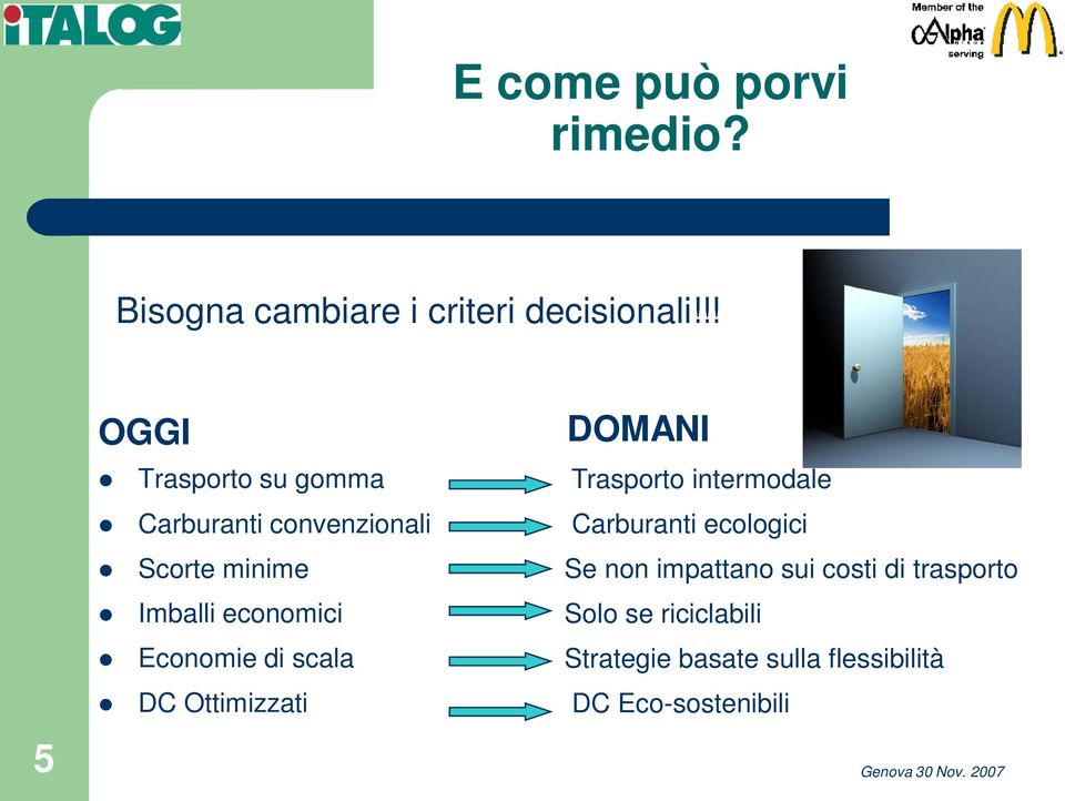 Economie di scala DC Ottimizzati DOMANI Trasporto intermodale Carburanti ecologici Se