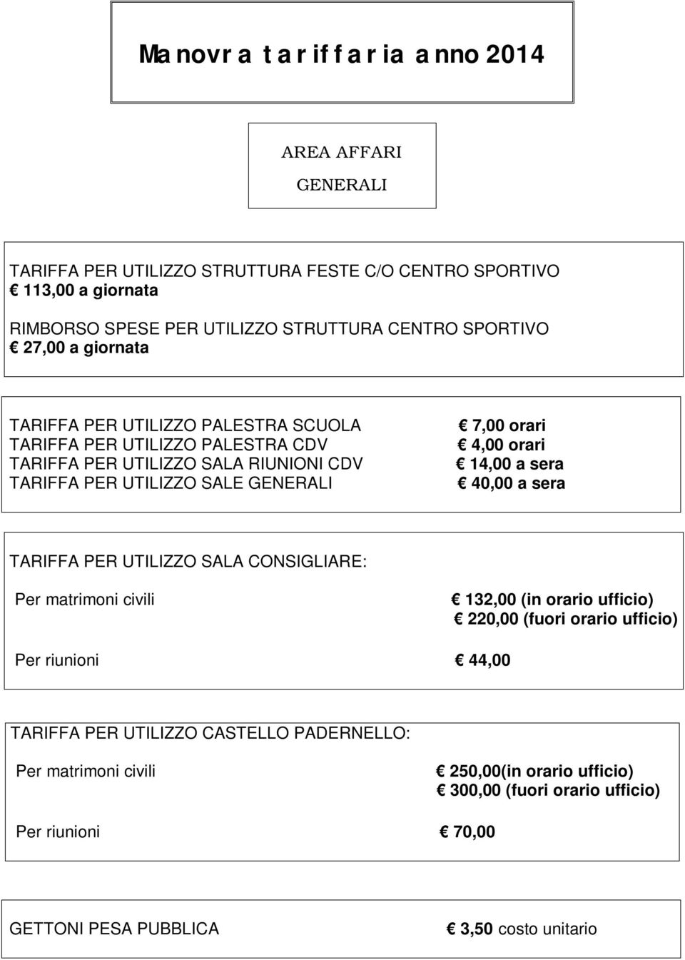 orari 4,00 orari 14,00 a sera 40,00 a sera TARIFFA PER UTILIZZO SALA CONSIGLIARE: Per matrimoni civili 132,00 (in orario ufficio) 220,00 (fuori orario ufficio) Per riunioni