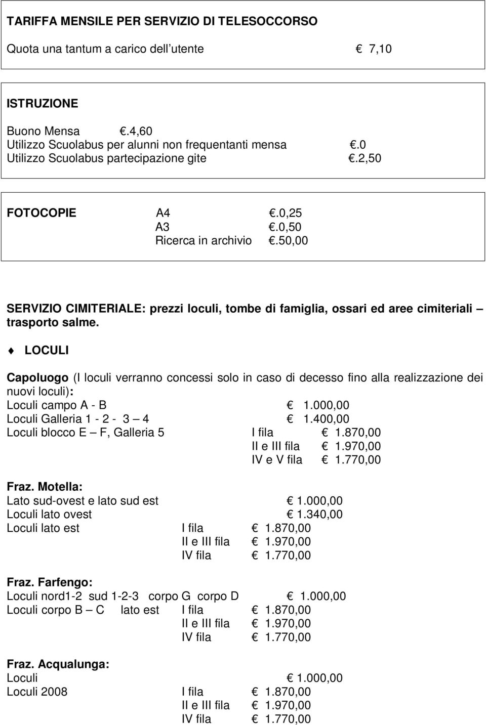 LOCULI Capoluogo (I loculi verranno concessi solo in caso di decesso fino alla realizzazione dei nuovi loculi): Loculi campo A - B 1.000,00 Loculi Galleria 1-2 - 3 4 1.