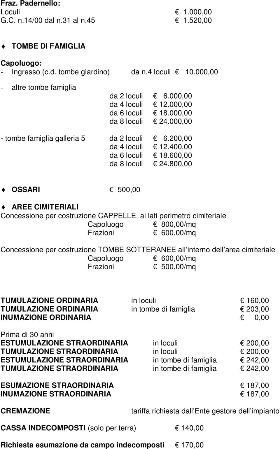 800,00 OSSARI 500,00 AREE CIMITERIALI Concessione per costruzione CAPPELLE ai lati perimetro cimiteriale Capoluogo 800,00/mq Frazioni 600,00/mq Concessione per costruzione TOMBE SOTTERANEE all