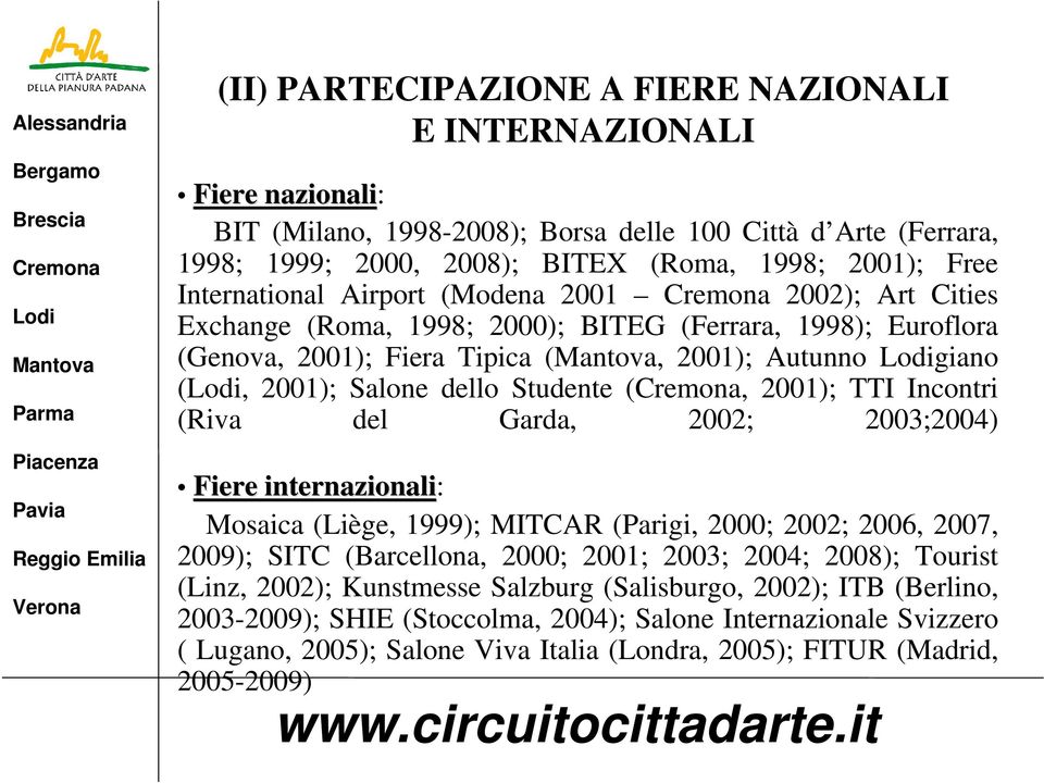 (, 2001); TTI Incontri (Riva del Garda, 2002; 2003;2004) Fiere internazionali Fiere internazionali: Mosaica (Liège, 1999); MITCAR (Parigi, 2000; 2002; 2006, 2007, 2009); SITC (Barcellona, 2000; 2001;