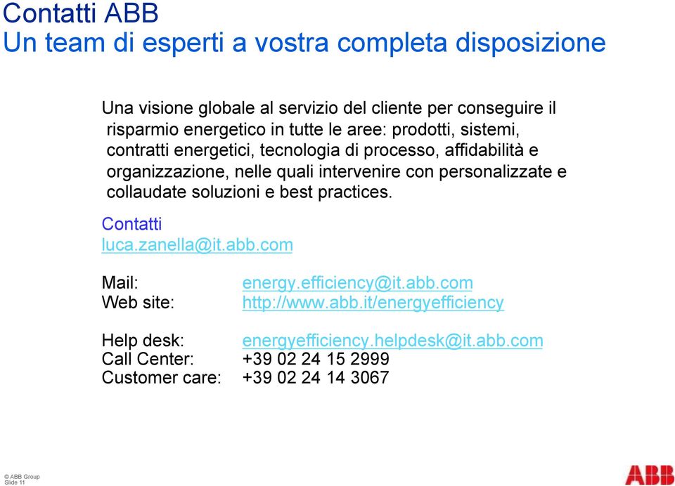 intervenire con personalizzate e collaudate soluzioni e best practices. Contatti luca.zanella@it.abb.com Mail: energy.efficiency@it.abb.com Web site: http://www.