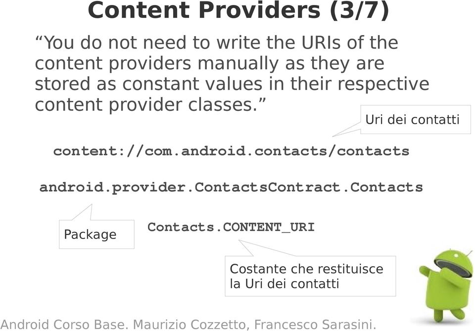 classes. content://com.android.contacts/contacts Uri dei contatti android.provider.