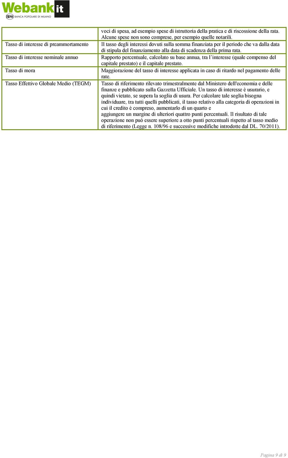 Il tasso degli interessi dovuti sulla somma finanziata per il periodo che va dalla data di stipula del finanziamento alla data di scadenza della prima rata.