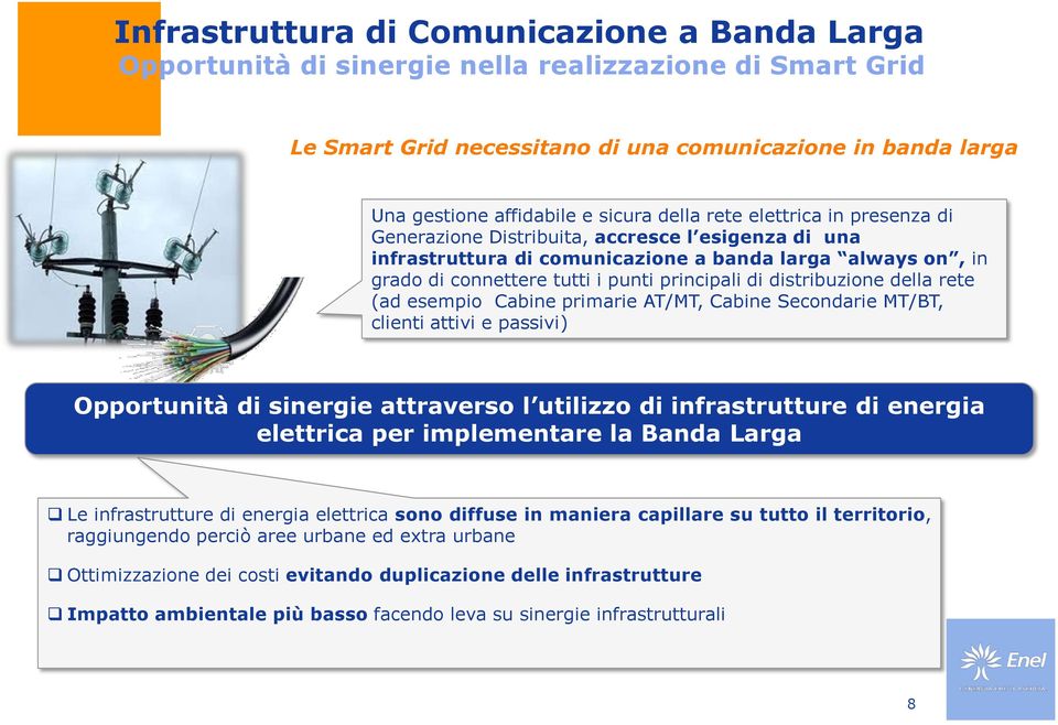 distribuzione della rete (ad esempio Cabine primarie AT/MT, Cabine Secondarie MT/BT, clienti attivi e passivi) Opportunità di sinergie attraverso l utilizzo di infrastrutture di energia elettrica per