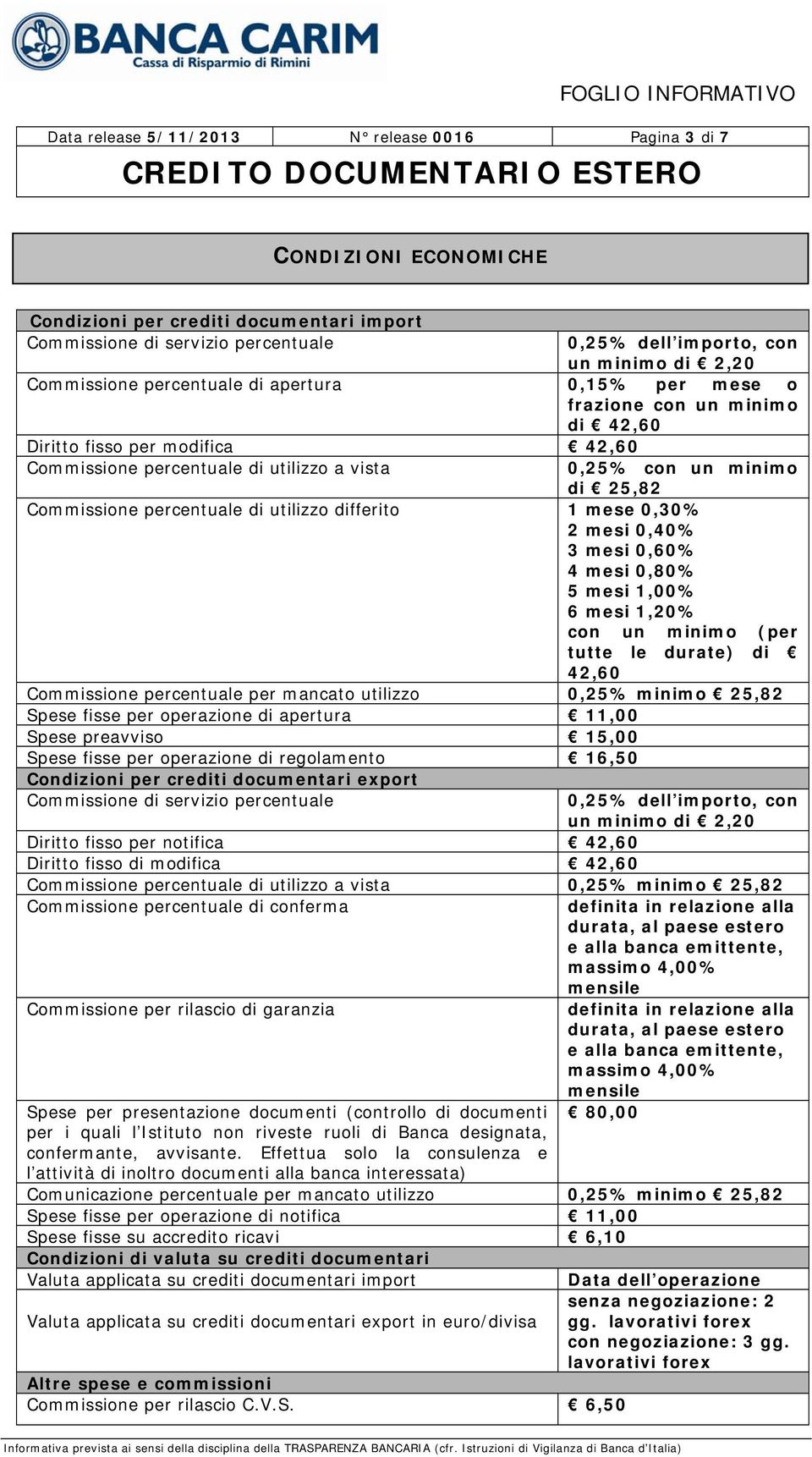 42,60 Commissione percentuale di utilizzo a vista 0,25% con un minimo di 25,82 Commissione percentuale di utilizzo differito 1 mese 0,30% 2 mesi 0,40% 3 mesi 0,60% 4 mesi 0,80% 5 mesi 1,00% 6 mesi