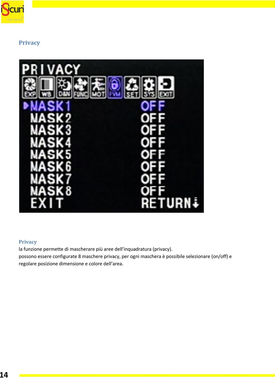 possono essere configurate 8 maschere privacy, per ogni