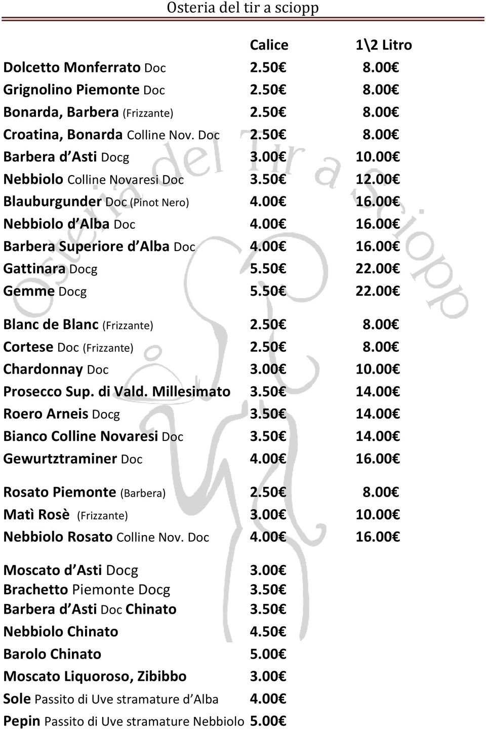 50 22.00 Blanc de Blanc (Frizzante) 2.50 8.00 Cortese Doc (Frizzante) 2.50 8.00 Chardonnay Doc 3.00 10.00 Prosecco Sup. di Vald. Millesimato 3.50 14.00 Roero Arneis Docg 3.50 14.00 Bianco Colline Novaresi Doc 3.