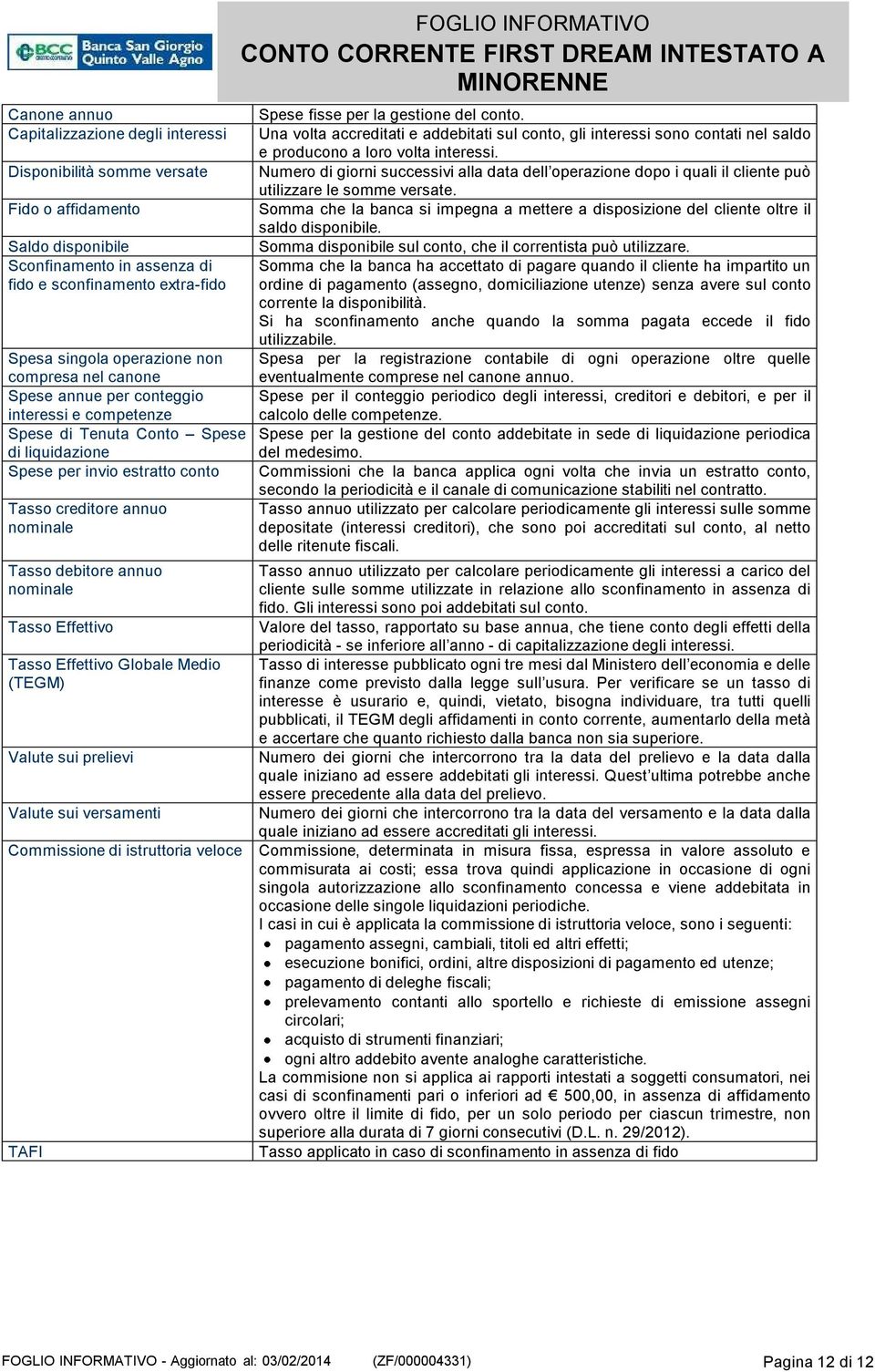 Disponibilità somme versate Numero di giorni successivi alla data dell operazione dopo i quali il cliente può utilizzare le somme versate.