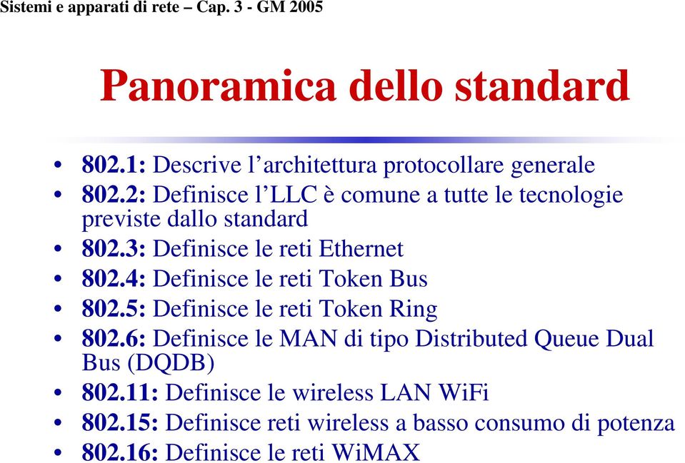 4: Definisce le reti Token Bus 802.5: Definisce le reti Token Ring 802.