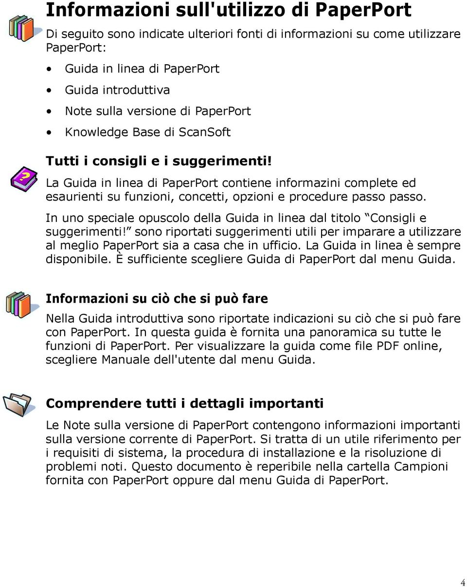 La Guida in linea di PaperPort contiene informazini complete ed esaurienti su funzioni, concetti, opzioni e procedure passo passo.