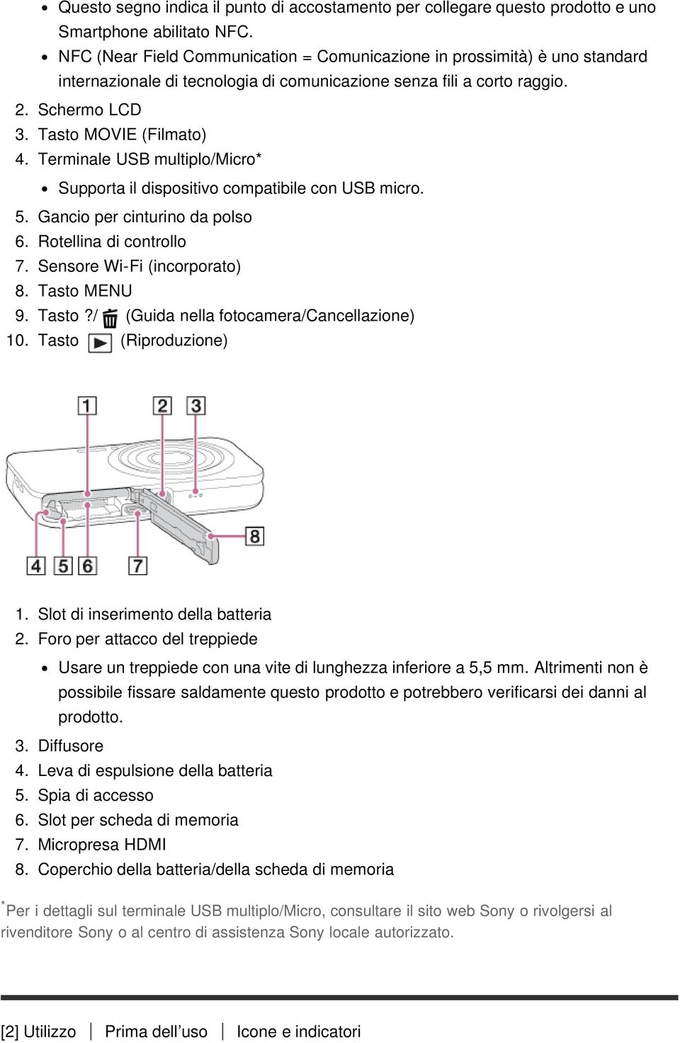 Terminale USB multiplo/micro* Supporta il dispositivo compatibile con USB micro. 5. Gancio per cinturino da polso 6. Rotellina di controllo 7. Sensore Wi-Fi (incorporato) 8. Tasto 