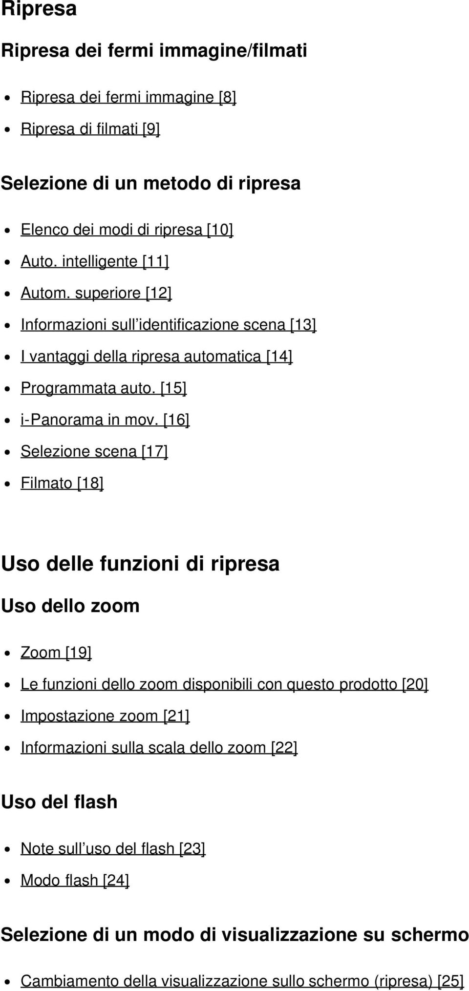 [16] Selezione scena [17] Filmato [18] Uso delle funzioni di ripresa Uso dello zoom Zoom [19] Le funzioni dello zoom disponibili con questo prodotto [20] Impostazione zoom [21]