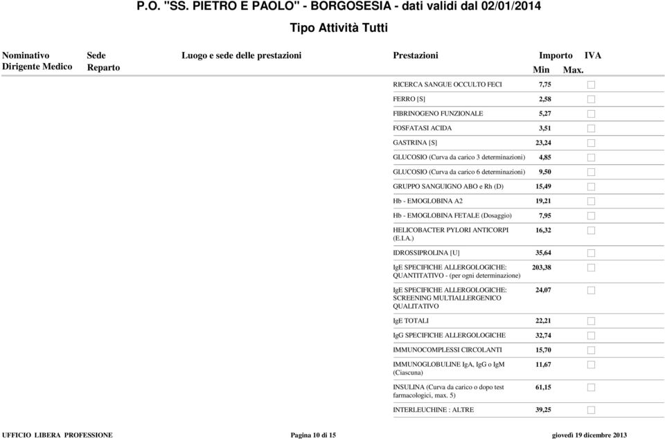 SANGUIGNO ABO e Rh (D) 15,49 Hb - EMOGLOBINA A2 19,21 Hb - EMOGLOBINA FETALE (Dosaggio) 7,95 HELICOBACTER PYLORI ANTICORPI (E.I.A.) 16,32 IDROSSIPROLINA [U] 35,64 IgE SPECIFICHE ALLERGOLOGICHE: