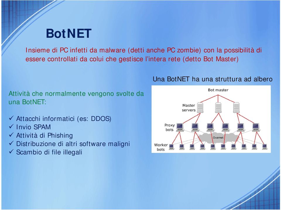 vengono svolte da una BotNET: Attacchi informatici (es: DDOS) Invio SPAM Attività di Phishing