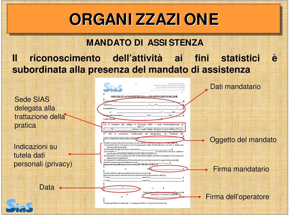 trattazione della pratica ORGANIZZAZIONE Dati mandatario Indicazioni su tutela