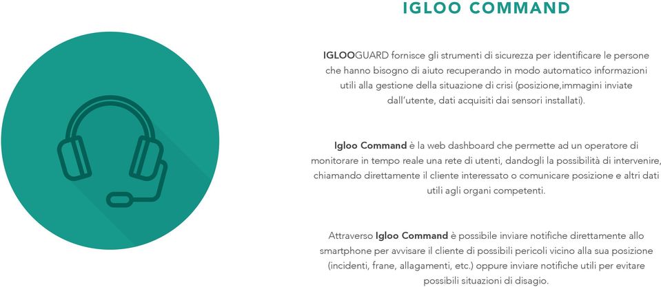 Igloo Command è la web dashboard che permette ad un operatore di monitorare in tempo reale una rete di utenti, dandogli la possibilità di intervenire, chiamando direttamente il cliente interessato o