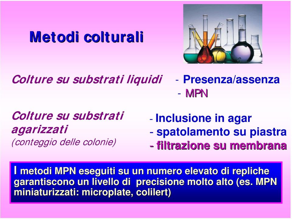 piastra - filtrazione su membrana I metodi MPN eseguiti su un numero elevato di