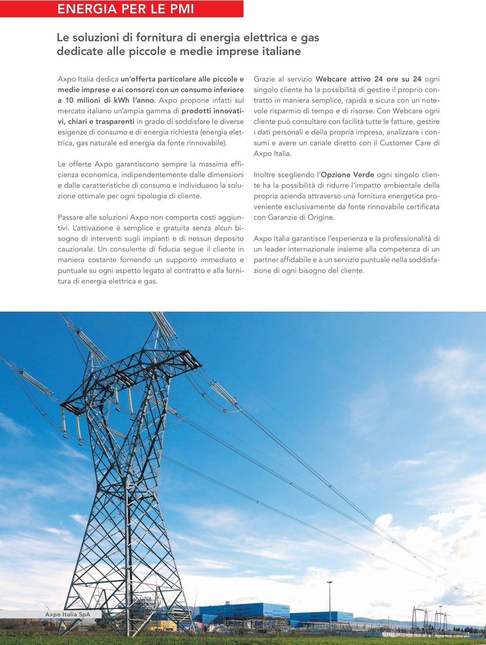 Axpo propone infatti sul mercato italiano un ampia gamma di prodotti innovativi, chiari e trasparenti in grado di soddisfare le diverse esigenze di consumo e di energia richiesta (energia elettrica,