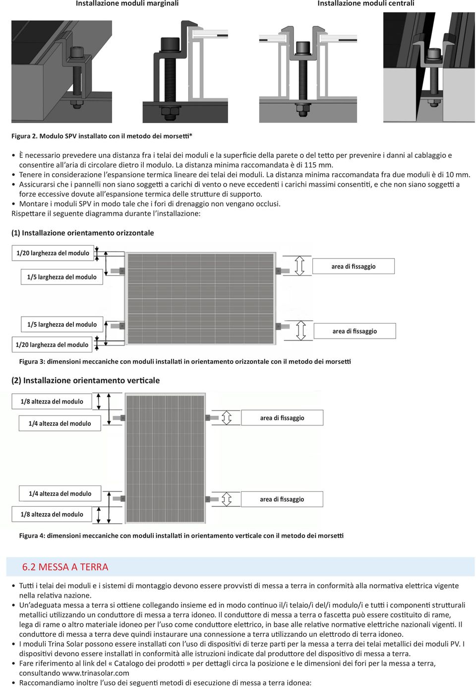 all aria di circolare dietro il modulo. La distanza minima raccomandata è di 115 mm. Tenere in considerazione l espansione termica lineare dei telai dei moduli.