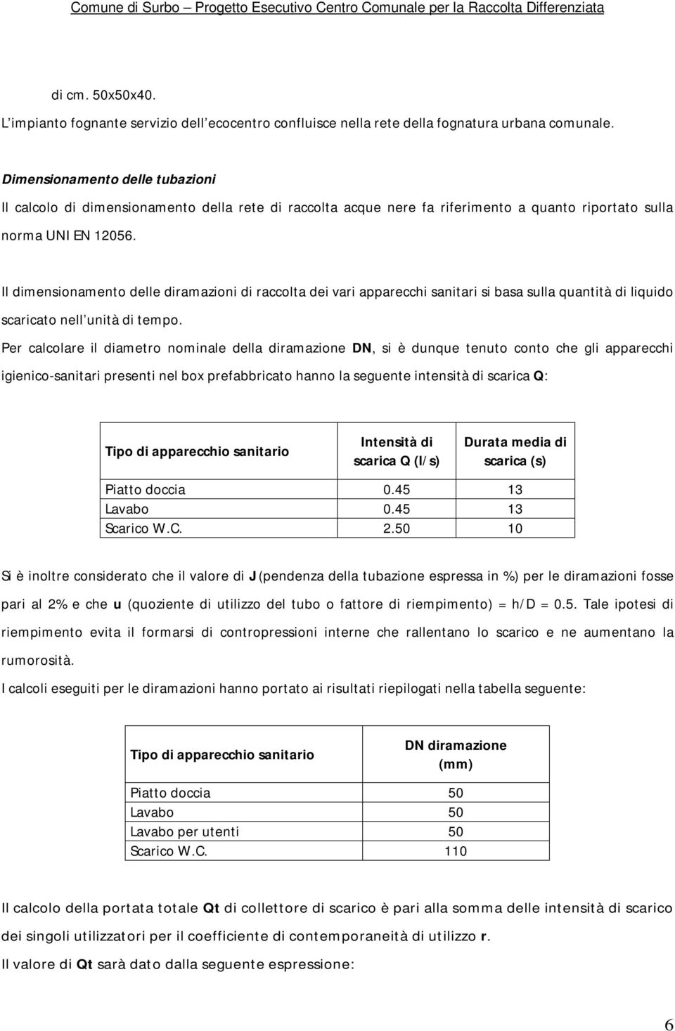 Il dimensionamento delle diramazioni di raccolta dei vari apparecchi sanitari si basa sulla quantità di liquido scaricato nell unità di tempo.